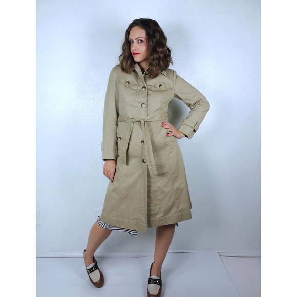 vintage 70s Tan FITTED Belted TRENCH COAT Small short trench coat princess coat - Picture 8 of 10